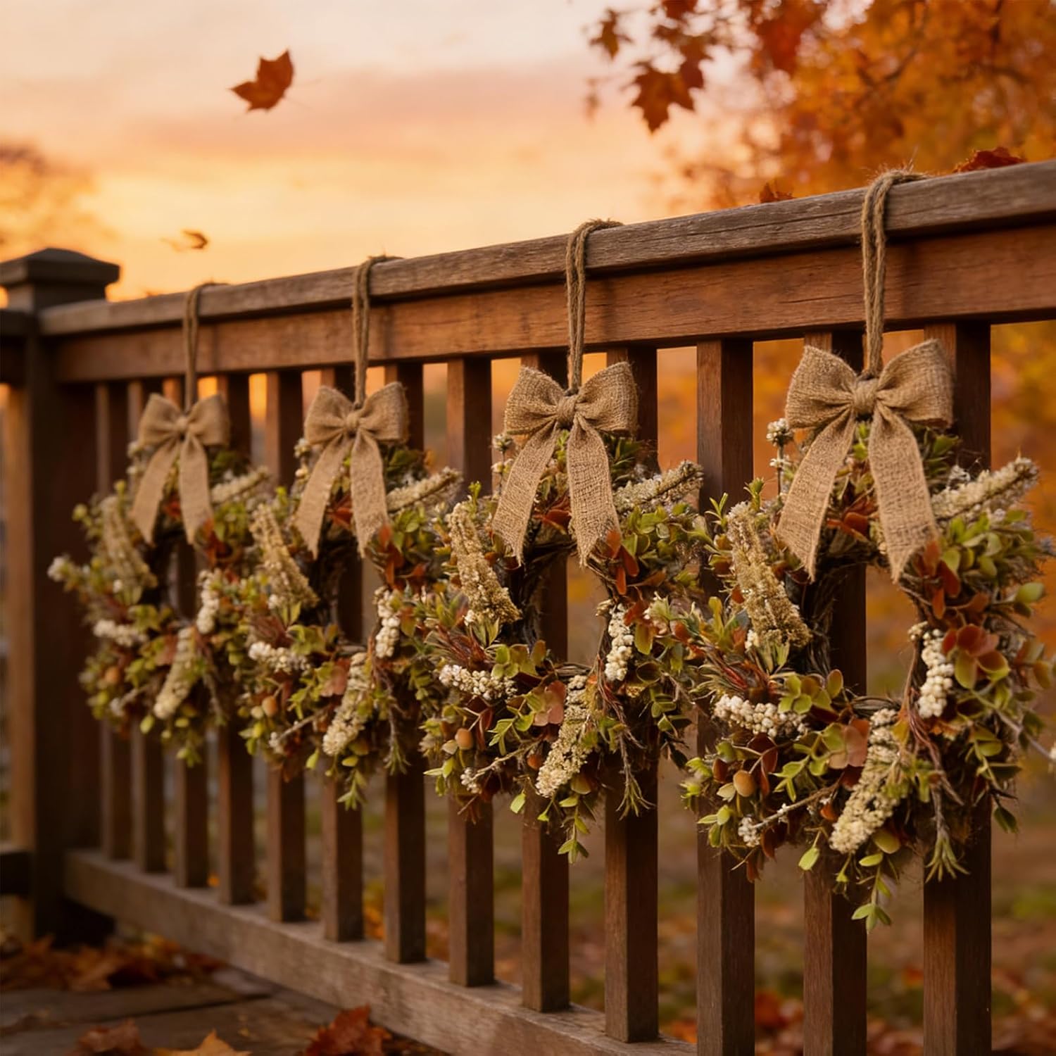 6 Pcs Small Fall Hanging Wreaths with Artificial Autumn Eucalyptus Greenery White Buds Beige Spikes Mini Cabinet Wreath for Home Table Centerpieces Kitchen Farmhouse Thanksgiving Party Decor