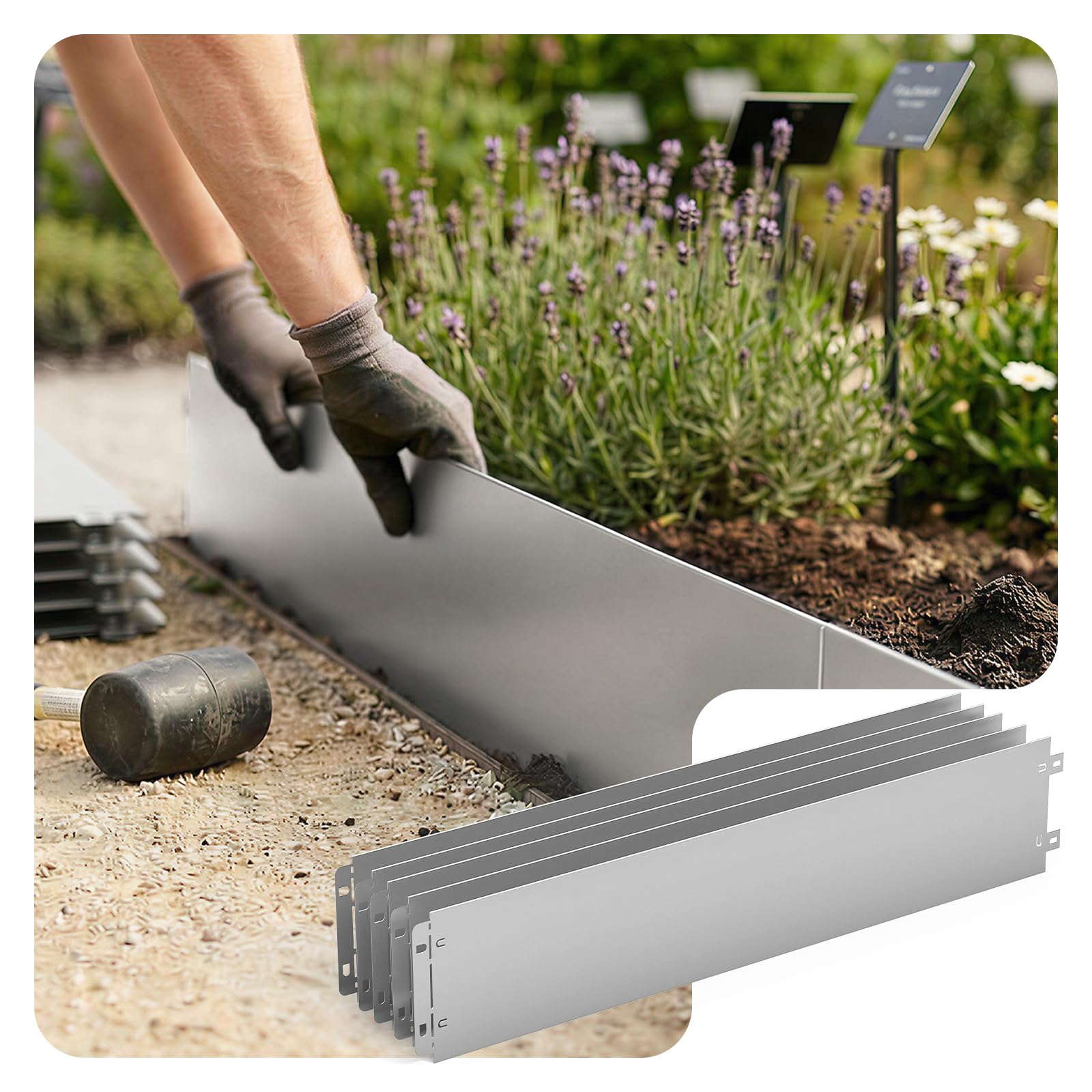 VOUNOT® Rasenkante Metall 10m, verzinkt Beeteinfassung Beetumrandung Mähkante, Länge 100cm Höhe 18cm, 10 Stück