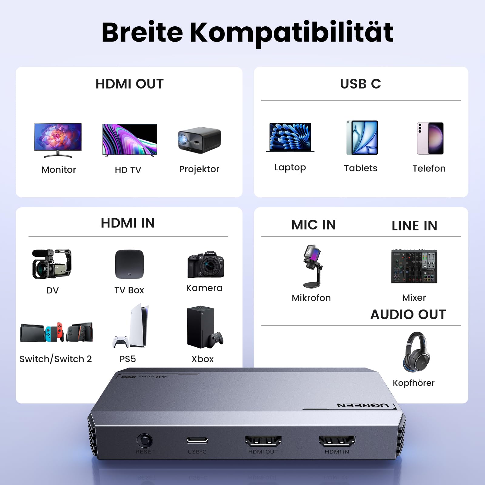 UGREEN Video Capture Card, HDMI Capture Card, USB 3.0 Video Aufnahmekarte 4K HDMI Loop-Out, 4K60Hz / 2K144Hz Videospiel-Capture für Streaming, funktioniert mit PS5/Switch/Switch2/Kamera/PC/Mac mini 4