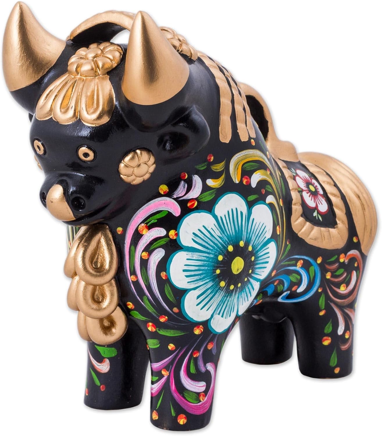 NOVICA Black Metallic Animal Themed Ceramic Sculpture, Big Colorful Pucara Bull'