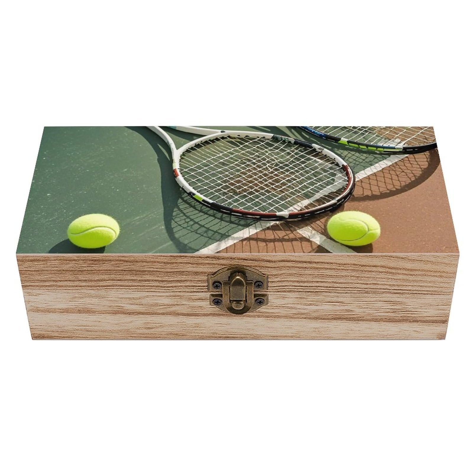 Tennis Racquets And Tennis Balls Wooden Box with Hinged Lid - Vintage Small Keepsake Box Jewelry Organizer Decorative Boxes Rustic Wood Gift Boxes for Jewelry Photos Trinkets 7.9" X 3.9" X 2.3"
