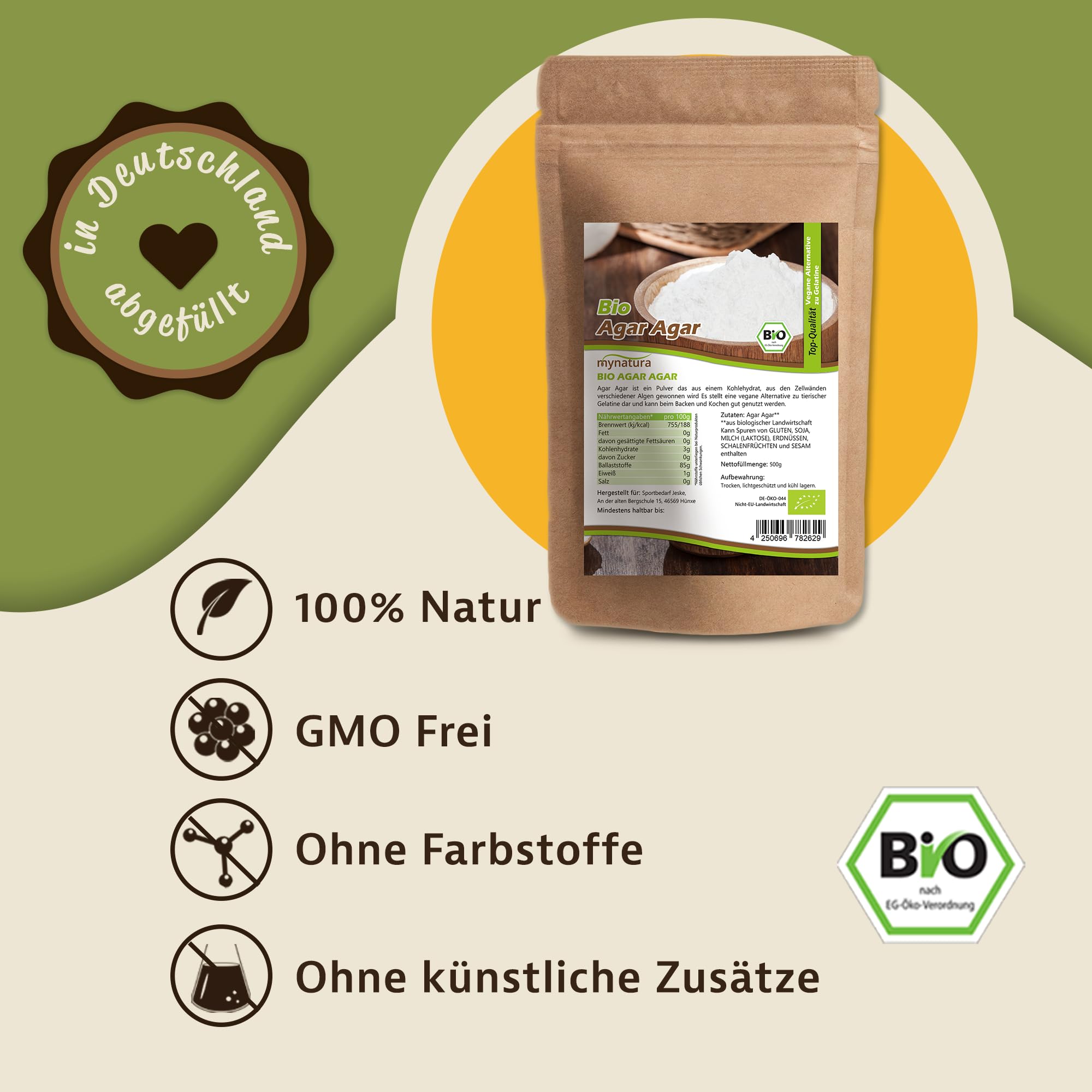 Mynatura Bio Agar Agar Pulver I Pflanzlich I Geliermittel I Algenpulver I Geschmacksneutral I Alge I Vegan I Kochen I Backen I Im Beutel (1000g)