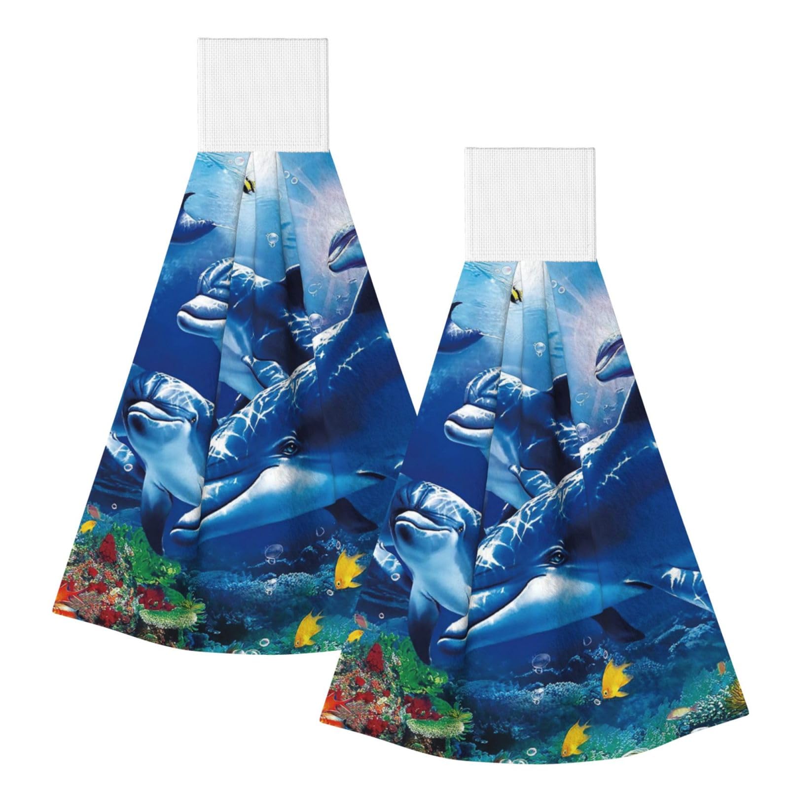 DOPKLNA Marine Life Blue Sea World Coral Dolphin, 2 Pcs Hanging Coral Fiber Hand Towels for Bathroom, Absorbent Kitchen Towels