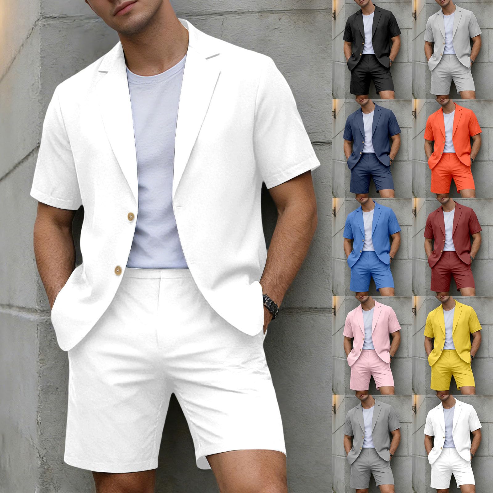 Herren Einfarbig Jacket Shorts Set Leichte Kurzarm Und Shorts Zweiteilig Lässig Sommer Strand Slim Fit Anzüge Business Herrenanzug Anzug Leinenweste Shorts Sommer Outfit Klamotten Sommeranzug