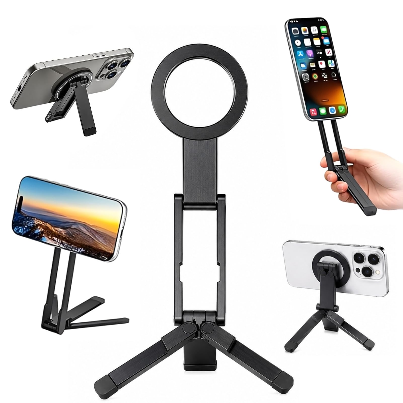 Phone Stand,360°Rotating Phone Tripod,Selfie Stick for iPhone,Phone Stand for Desk,Magnetic Phone Stand Foldable Cell Phone Stand Fits Gym, Travel Essentials Accessories(Black Aluminum Alloy)
