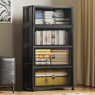 SAILUN 508Qt Extra Large Stackable Storage Bins Folding Collapsible Storage Bins with Lid, Closet Organizers and Storage Box with Door Black 28" W x 17" D x 61" H