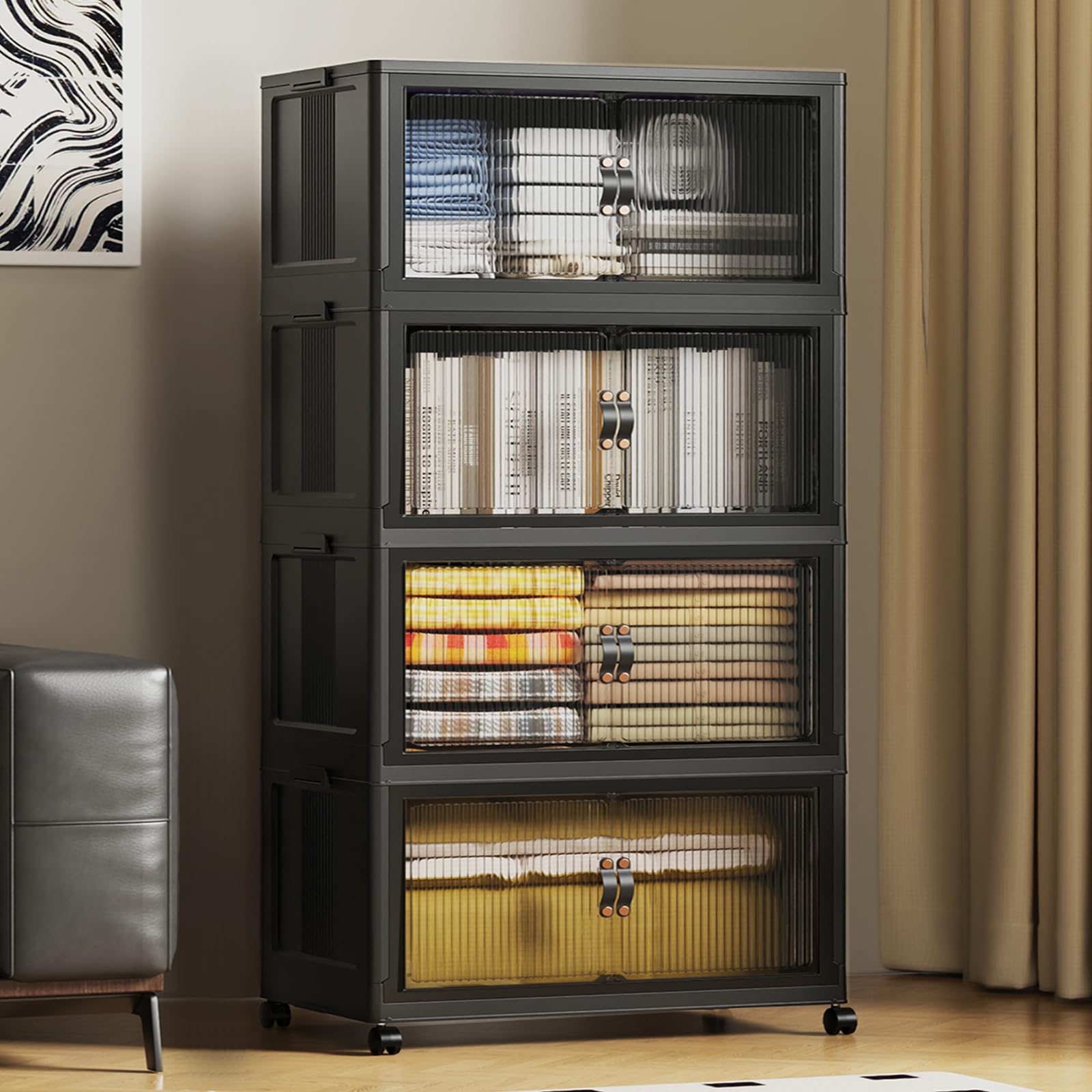 SAILUN SAILUN 127Gal/508Qt Extra Large Stackable Storage Bins Folding Collapsible Storage Bins with a Lid, Closet Organizers Black 28" W x 17" D x 61" H