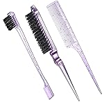 Geiserailie 3 Pcs Slick Back Hair Brush Set Bristle Brush Edge Control Teasing Comb for Women Black Hair(Clear Purple)