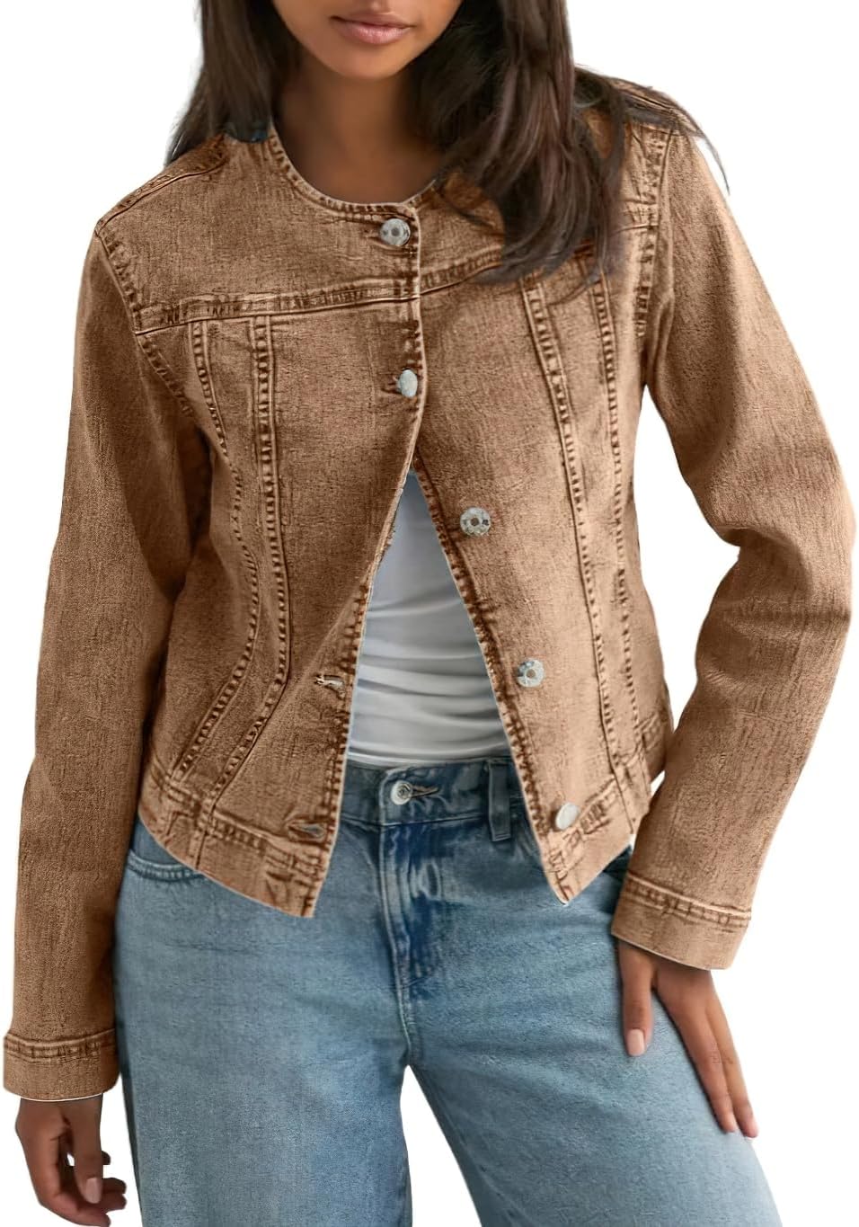 CHOUYATOU Women's Collarless Denim Trucker Jacket Button Front Y2K Business Causal Denim Jacket Coat