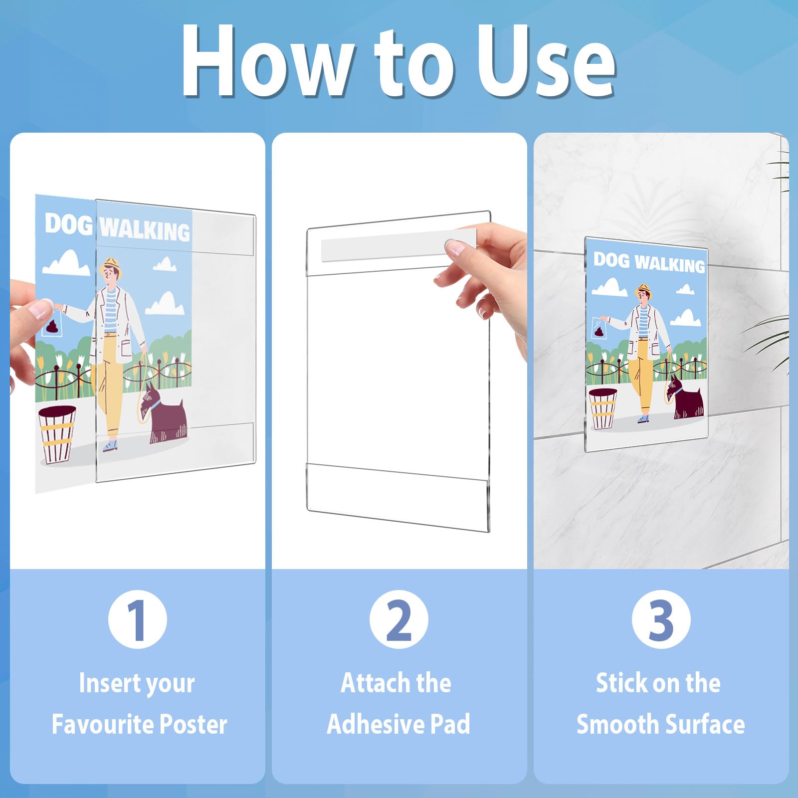 6 Pcs Soportes para Letreros de Acrílico Transparente A4 Expositor Metacrilato para Pósteres de Pared, Porta para Cartel con Cinta Adhesiva, Soporte Metraquilato Vertical/ Horizontal Universal