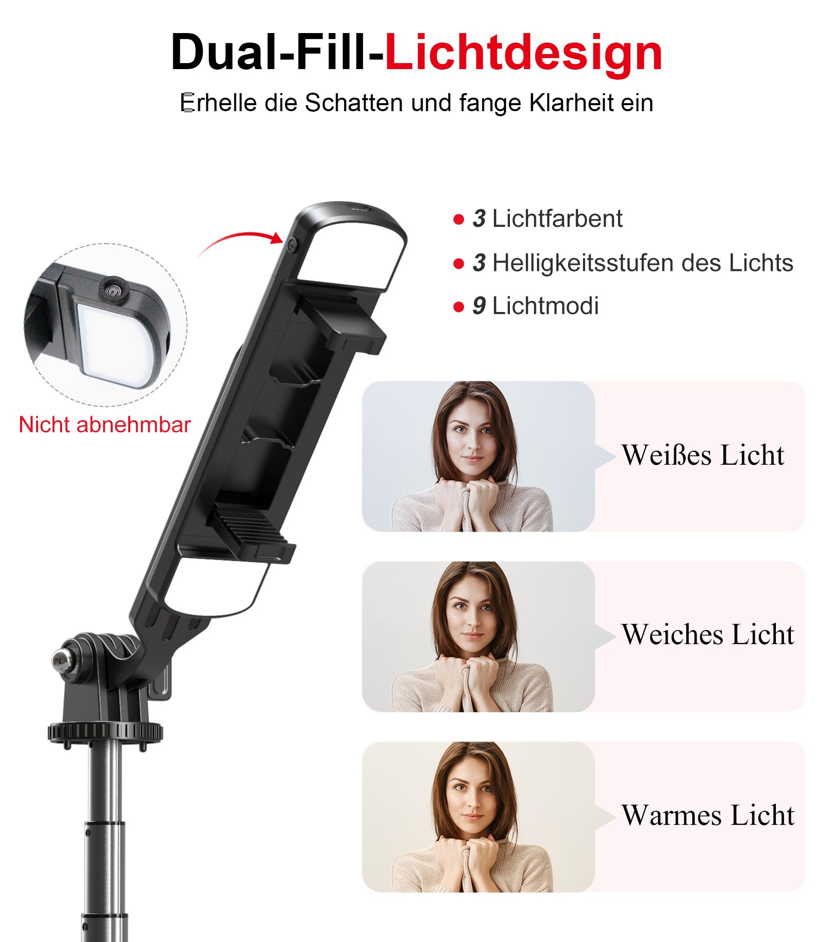 Selfie Stick Handy Stativ für Smartphone - ASHINER 180cm Hoher Handyhalter mit Fernbedienung und LED Fülllichtern für Reisen, Vlogging, Live-Streaming, Handyhalterung Kompatibel mit iPhone und Android
