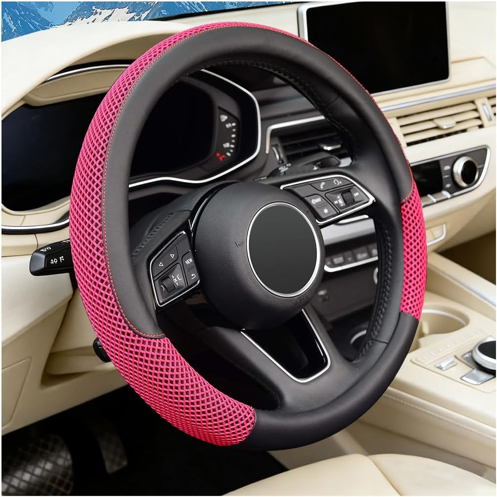 Osilly Car Steering Wheel Cover, 14.5-15″ Microfiber Leather Ice Silk Anti-Slip Steering Wheel Protector, Comfortable Auto Interior Protection Accessories, Universal Fit (Red)