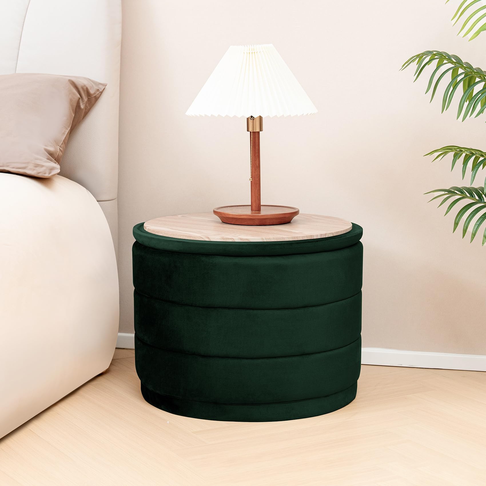 Bonlife Runde Ottomane mit Deckel, Klappbare Fußstütze mit Tisch, Fußstütze, Fußhocker für Wohnzimmer, Schlafzimmer, Flur, flaschengrüner Samt,58x58x44cm