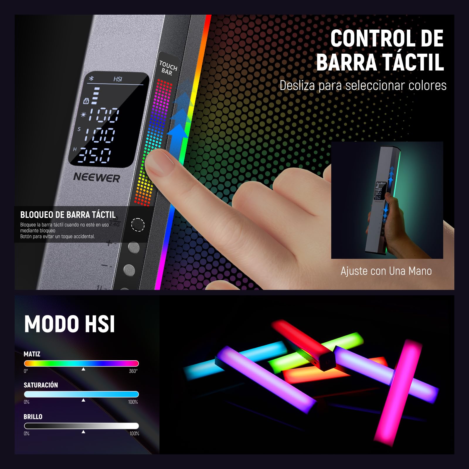 NEEWER RGB1 Tubo de Luz LED con Puerta, Handle, Barra Táctil/Control de Aplicación, Luz de Video RGB Magnética, 3200K-5600K CRI98+ Iluminación de Fotografía Regulable con 6400mAh Batería, 17 Escenas