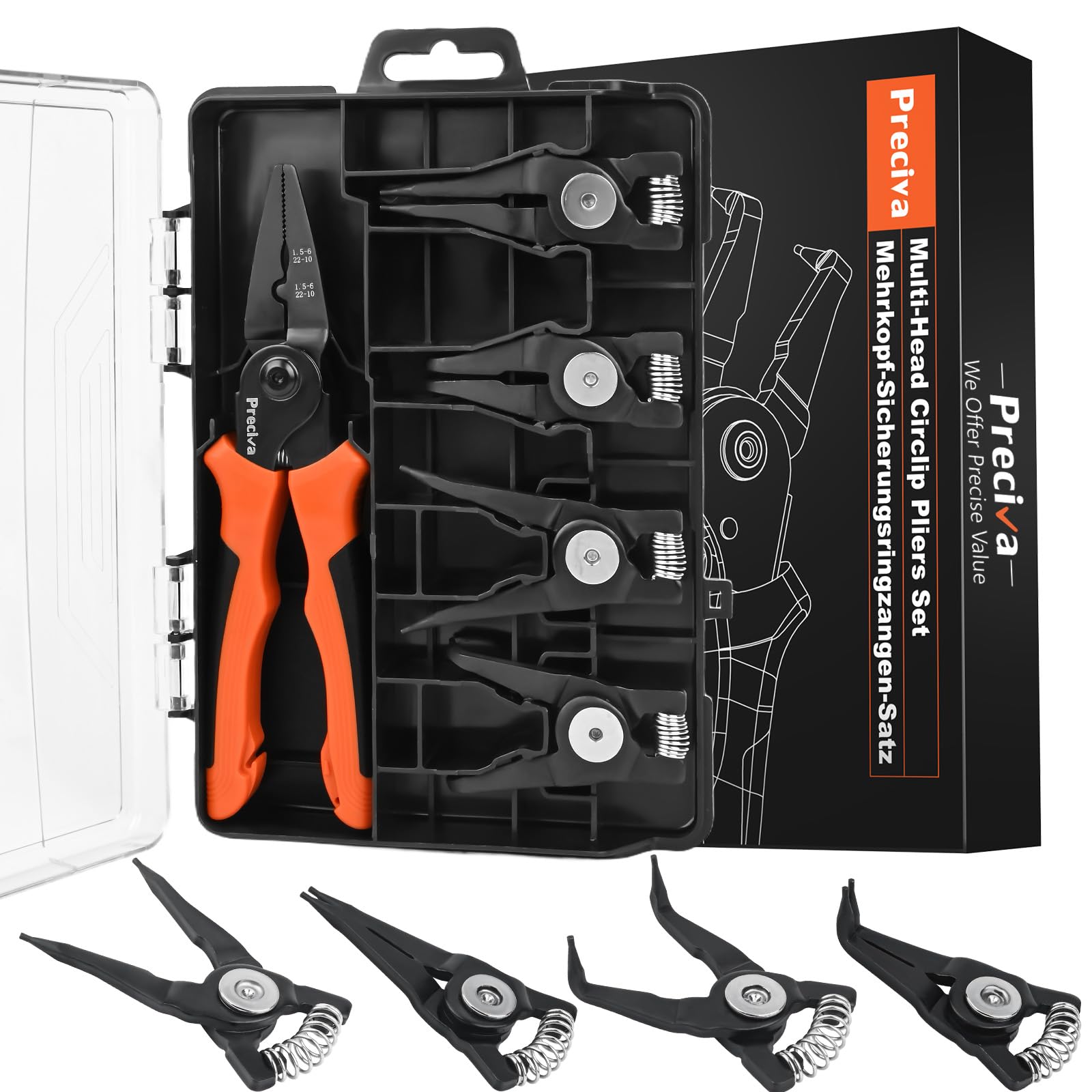 Sprengringzangen Set, Preciva Sicherungsringzange Seegeringzange Crimpzange mit Aufbewahrungsbox und 4tlg. Austauschbar Sicherungsringzangenkopf (Spitzengröße der Zangenkopf: 1.8mm)