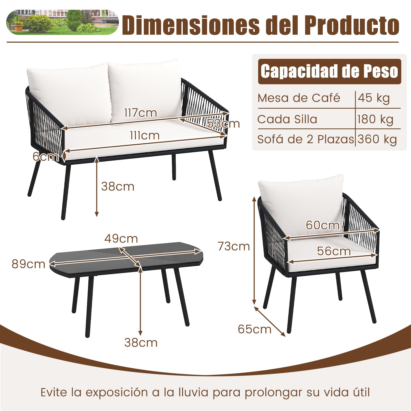 COSTWAY Conjunto Jardin Exterior de 4 Piezas, Tejido de Cuerda de PE, Sofá de 2 Plazas y 2 Sillas con Cojines, Mesa de Café de Vidrio Templado, Mesa y Sillas Terraza Balcon Exterior