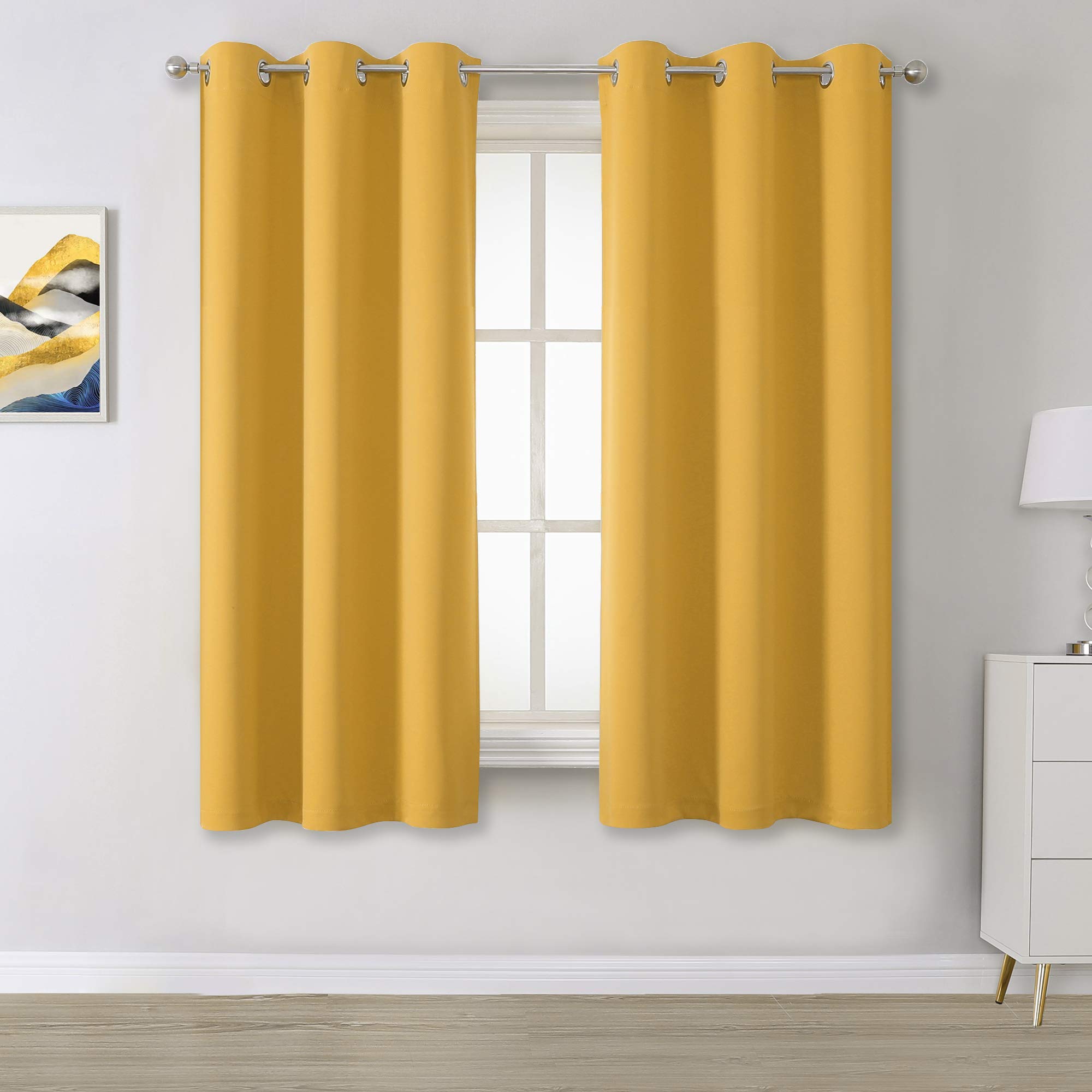 Gold Yellow Solid Blackout Curtains for Bedroom 45 Inches Long Short Room Darkening Window Drapes Thermal Insulated Curtain Panels with Grommet 38W x 45L,2 Panels,Mustard Yellow
