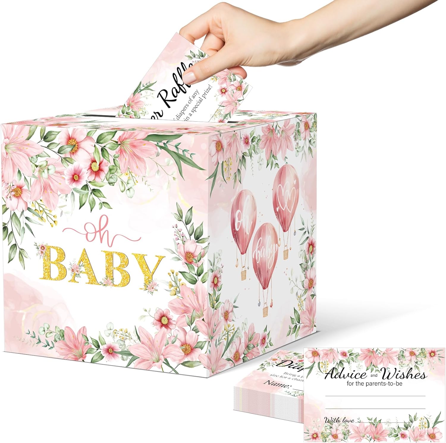 Baby Shower Games, Floral Diaper Raffle Box, 50 PCS Diaper Raffle Tickets Card Box with Advice and Wishes for the Parents-to-be, Baby Shower Decorations, Diaper Raffle Sign