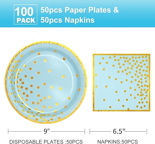 Miniatura 2 de CENLBJ Platos de papel y servilletas de oro azul para fiestas, 50 platos de papel dorados de 9 pulgadas y 50 servilletas de 6.5 pulgadas, vajilla de