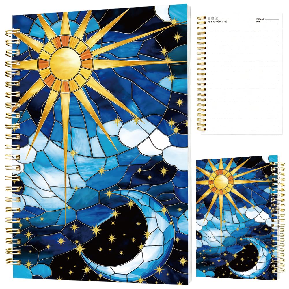 INFUNLY Cracked Sun Moon Spiral Notebook 5.5"x8.3" Stained Glass Celestial Spiral Journal Celestial Astrology Gothic Notebook Celestial Art Spiral Notebook for Astrology Lovers School Student Gift