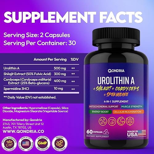 Miniatura 4 de Urolitina Un suplemento de 500 mg con mezcla de energía 4 en 1 de espermidina de 10 mg, Shilajit 300 mg y Cordyceps 400 mg por porción - Aumenta la