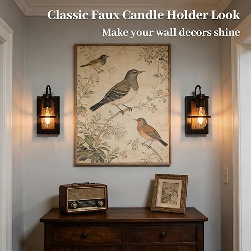 Miniatura 6 de Luces de pared vintage a pilas con acabado de madera sintética, lámpara de pared regulable, sin cableado, fácil de instalar, aplique de pared Madera