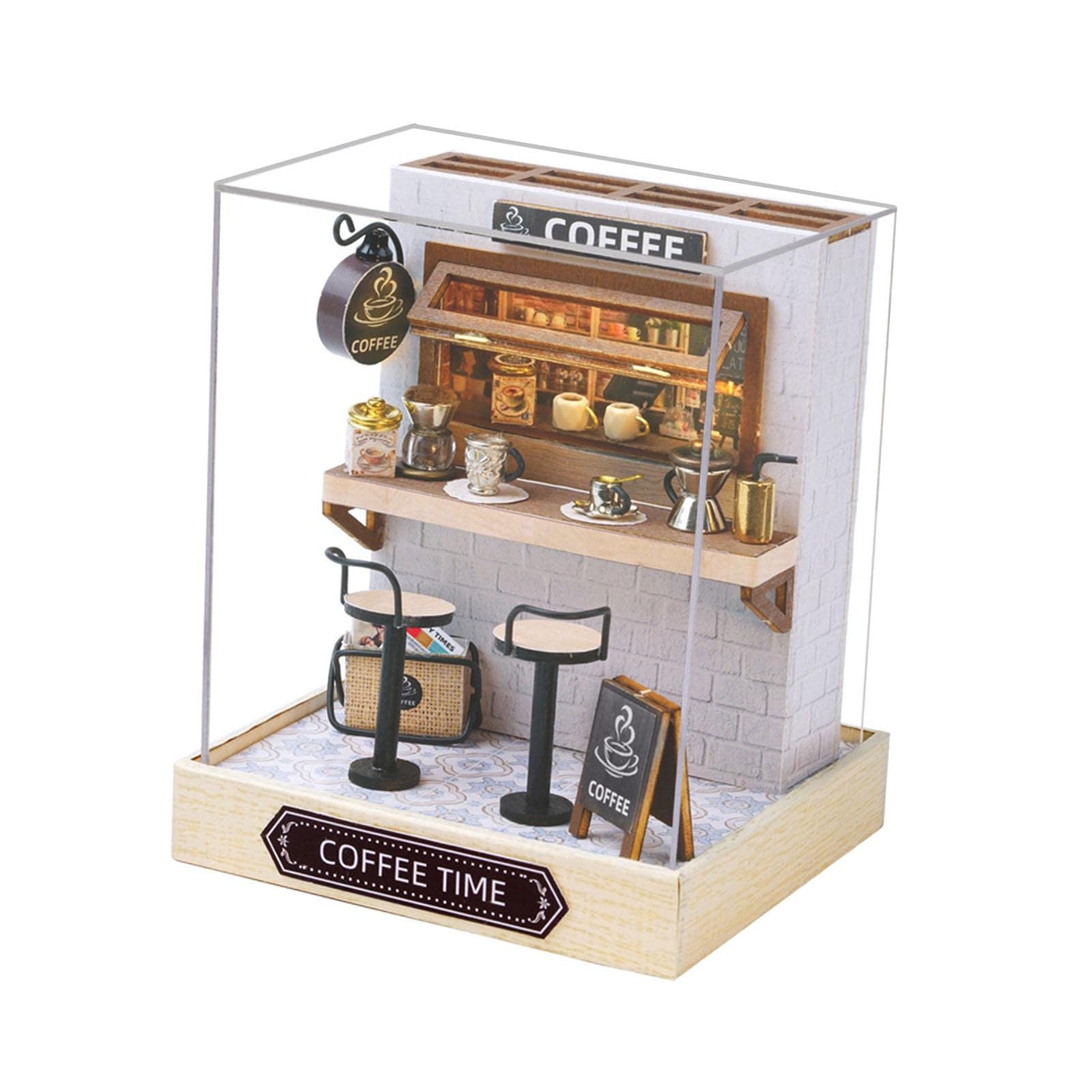 Juego de 5 casas de muñecas en miniatura de madera para niños, adultos, amigos, hora del café, estilo 4