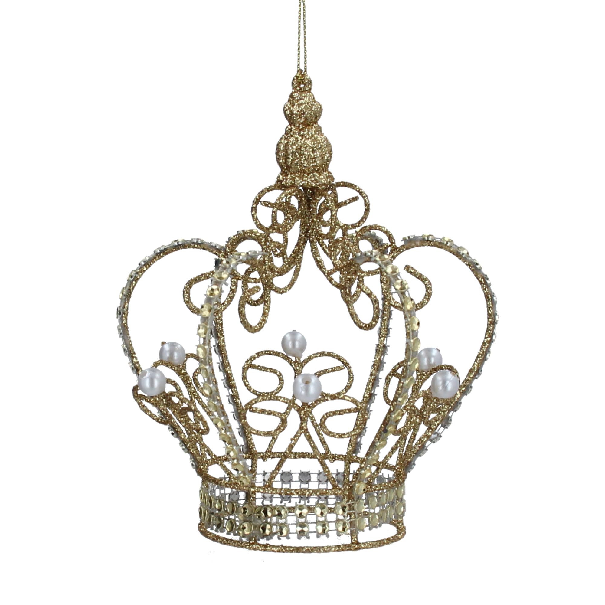 Gisela Graham Gold Sparkling Wire And Pearl Crown 12 Centimetre Hanging Decoration