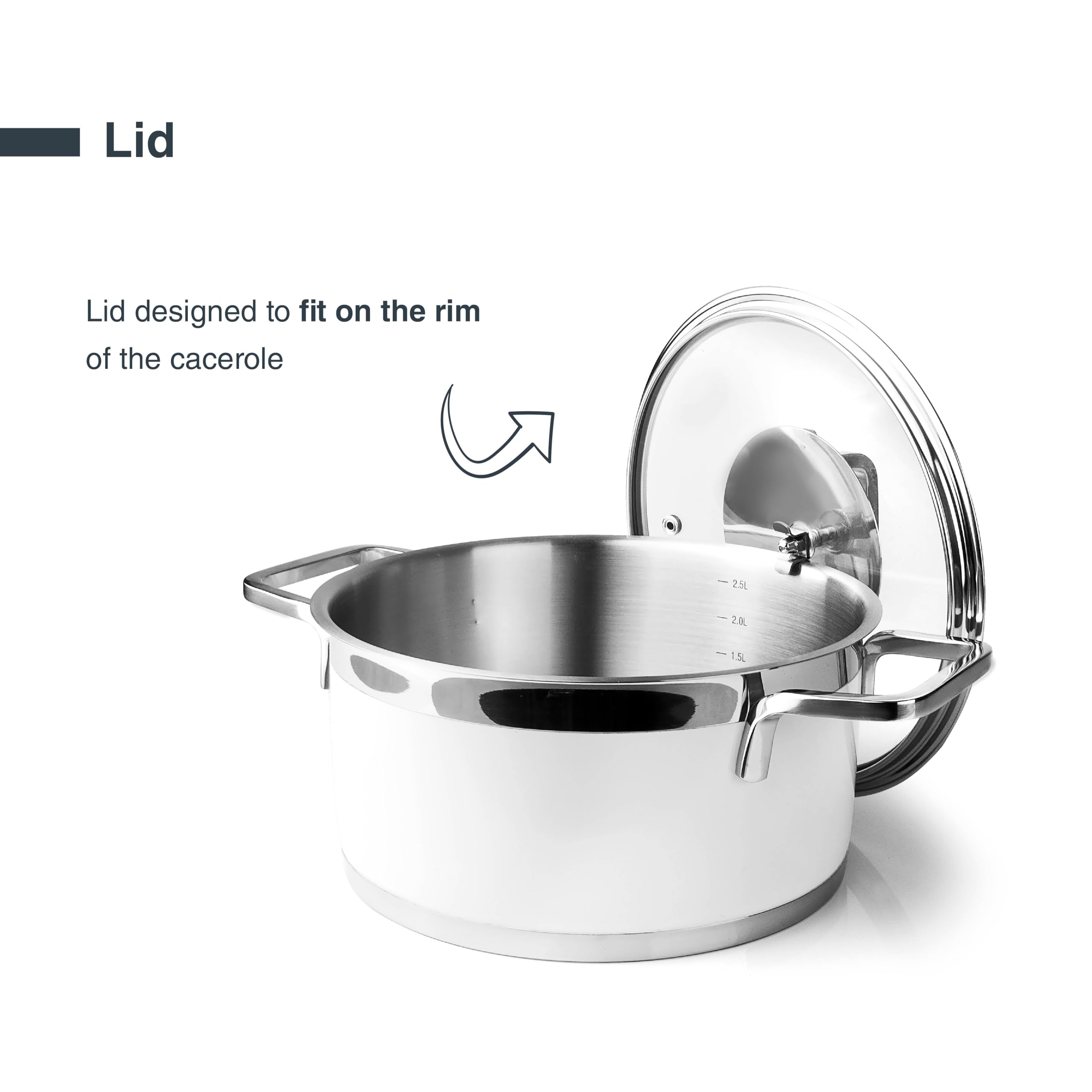 Lacor - 15420 - Buffetauflauf mit Deckel weiß, Edelstahl 18/10, Innenverkleidung geschliffen, ergonomische Griffe, Boden mit Sandwich-Wärmeverteiler, induktionsgeeignet, backofenfest, Ø20cm, weiß | Aus lebensmittelechtem Edelstahl gefertigt; hohe Korrosio
