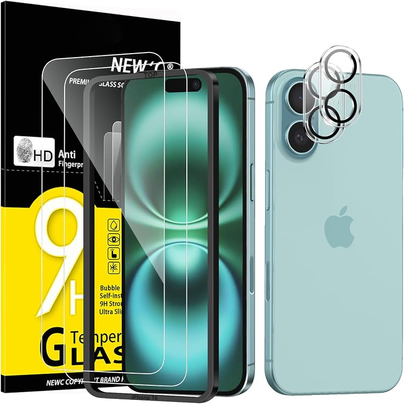 NEW'C iPhone 16 6,1" Edzett Üveg Kijelzővédő (2 db) + Kamera Védőüveg (2 db) - 9H Keménység, Karcolásálló