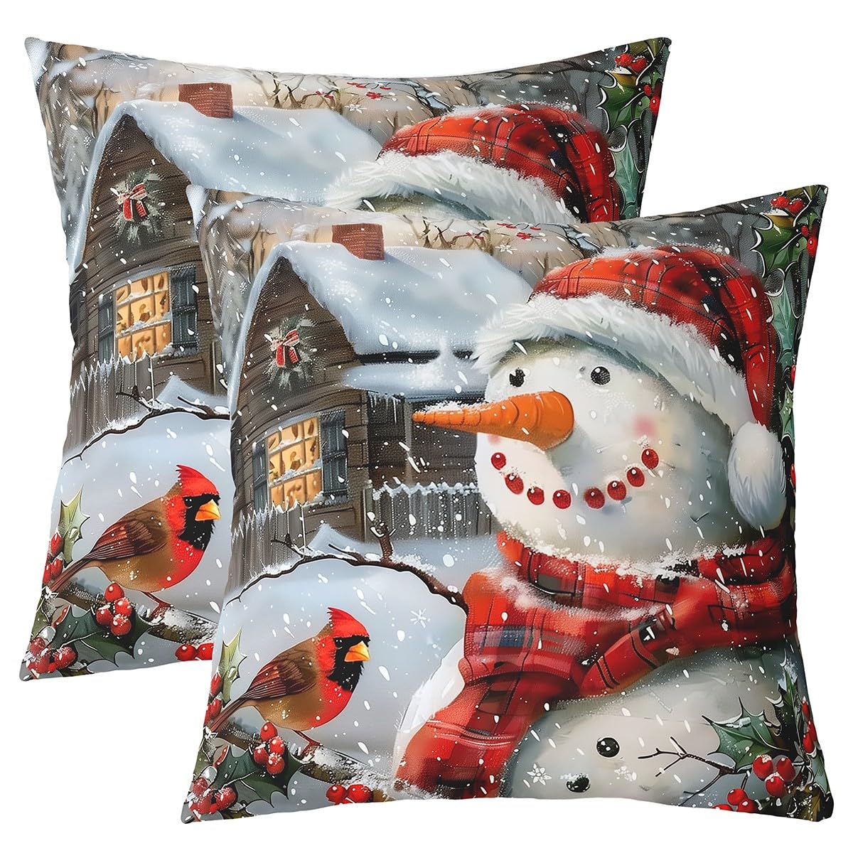 Manfei Cute Snowman Throw Pillow Covers (Pack of 2),Northern Cardinal Cushion Cover for Girls Boys Teens Rustic Lodge Pillow Cases Winter Snow Scenery Living Room Sofa Bed Decor,22" Lx22 W — image 1