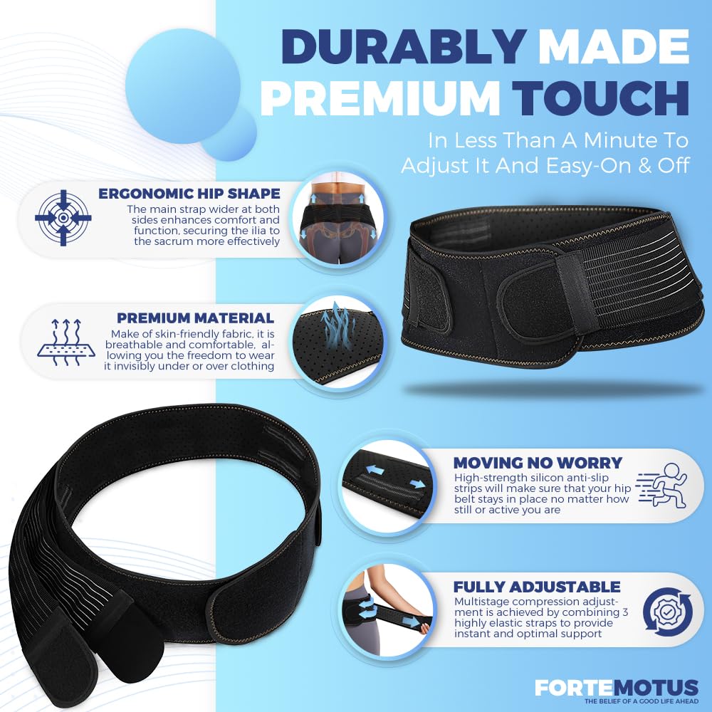 FORTEMOTUS Ceinture Sacro-Iliaque, Ceinture de Hanche Pelvienne Unisexe, Soutien Lombaire Compression pour Homme et Femme pour Soulager Douleur de Sciatique, Bas, Dos, De l'aine, L
