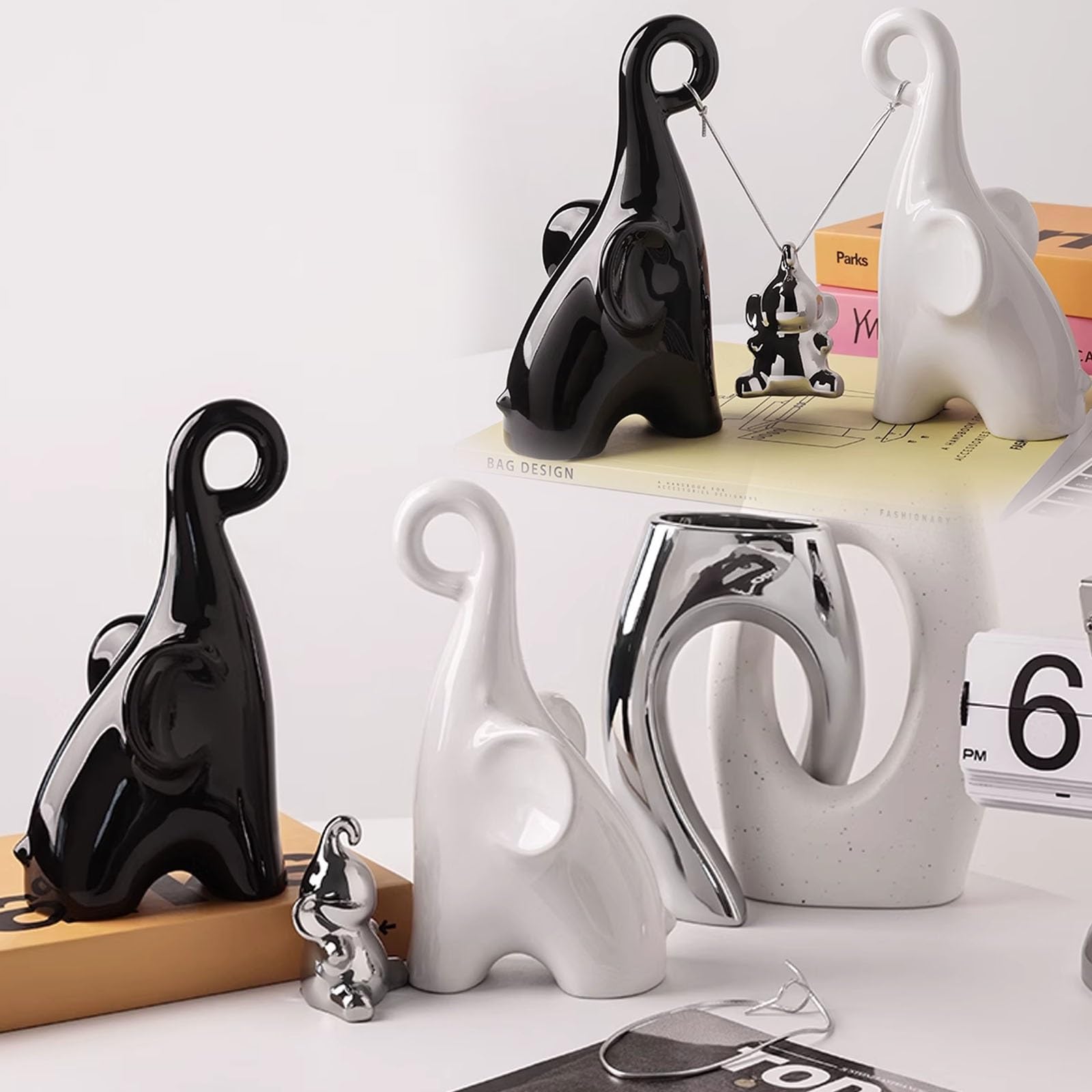 Elefante Statua Ceramica, Elefante Portafortuna Decorazioni Casa Statuette Decorative Soprammobili Moderni Particolari Arredo Casa Moderno (Nero/Bianco/Argento)
