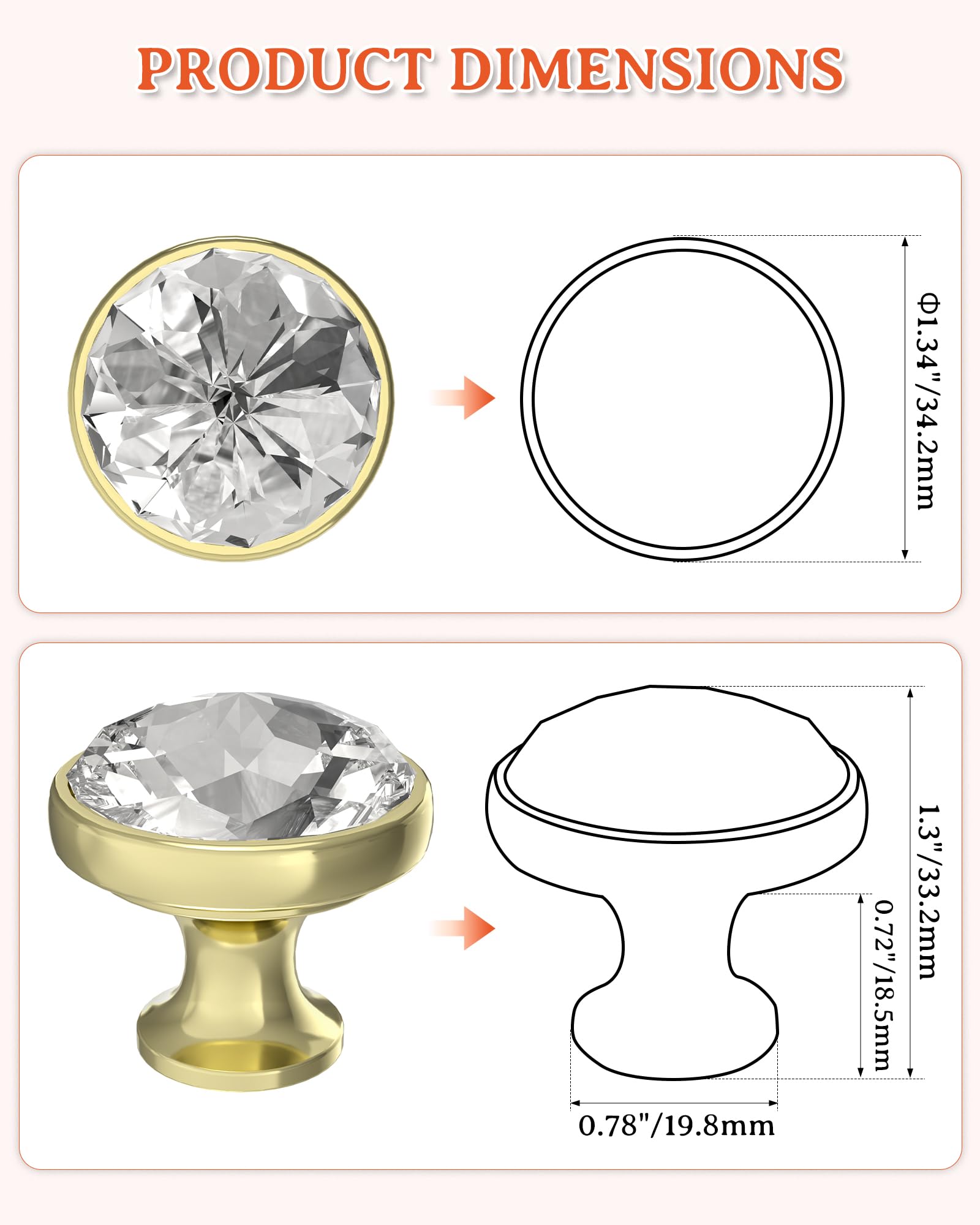 FURNIWARE - 10 piezas de pomos de gabinete de cristal con 2 tamaños de tornillos, tiradores de cajón de 34,2 mm, elegante oro diamante, orificio único transparente para armarios de cocina, cómoda