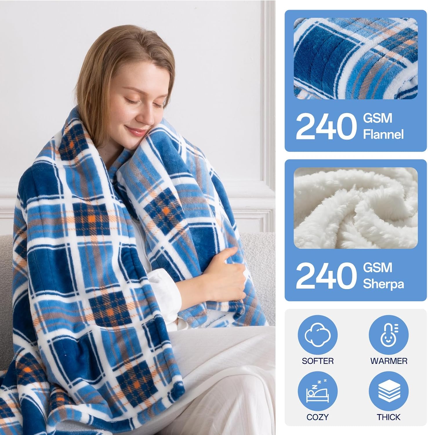 Electric Heated Blanket Twin - 62"x84" Heating Bed Blankets Throw with 10 Hours Auto Off 8 Fast Heating Levels Over-Heated Protection Soft Warm Flannel Sherpa Machine Washable ETL Certified Blue Plaid - Image 4