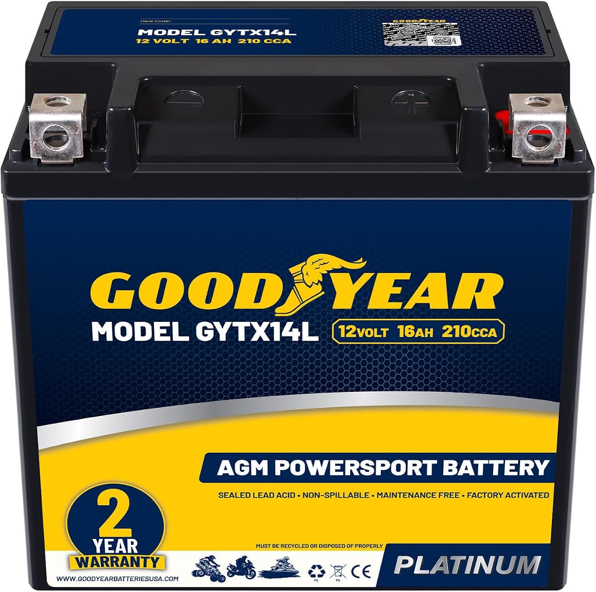 Goodyear GYTX14L -12 Volt 16 AH, 210 CCA, Rechargeable High-Performance, Maintenance Free, SLA - AGM Battery for Motorcycle, ATV, UTV, 4-Wheeler, Snowmobile, Watercraft and more!