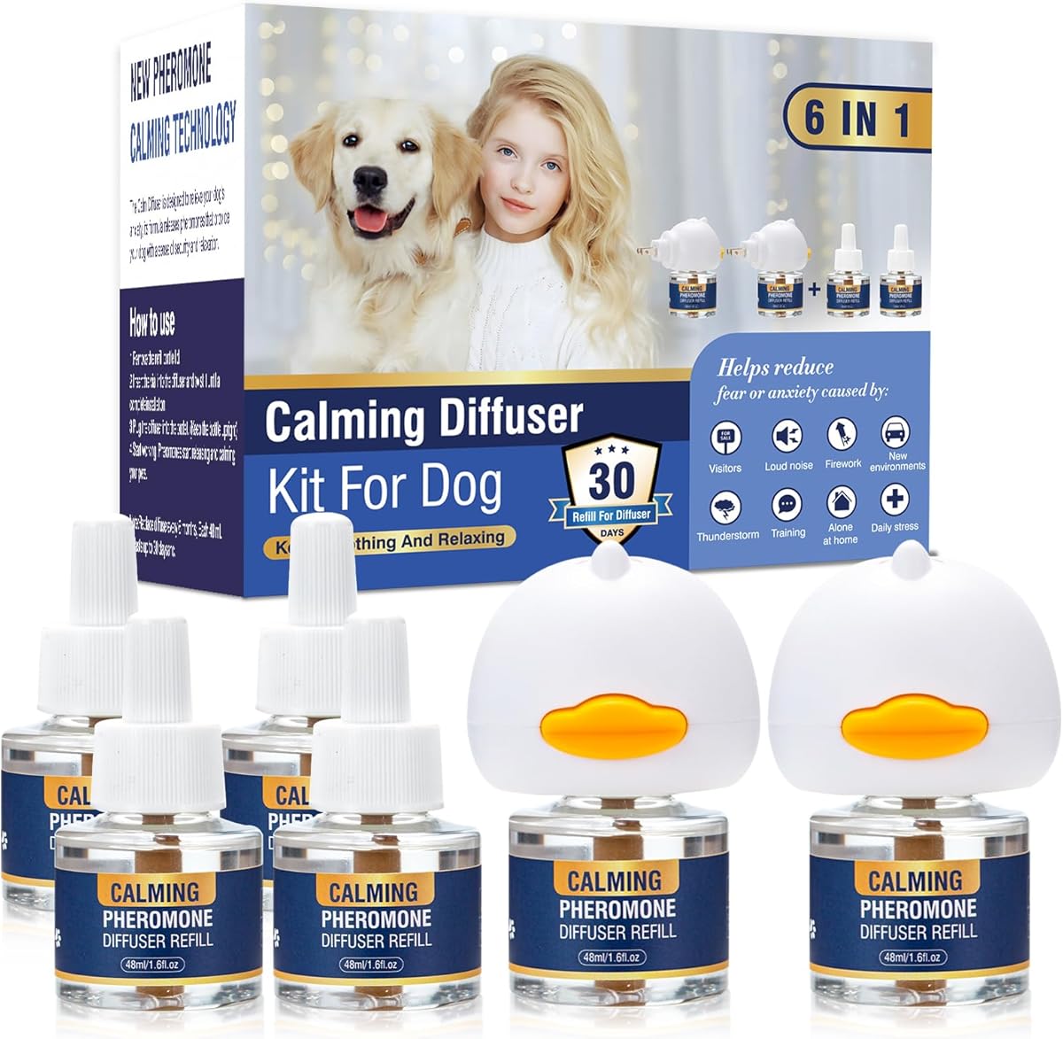 Dog Calming Pheromones Diffuser 6 in 1 Kit Appeasing Pheromone Diffuser to Calm (2 Plug in+4 x48ml Refill) for Anxiety Relief Reduce Aggression Fighting Barking Stress 120 Day Supply(Tasteless)