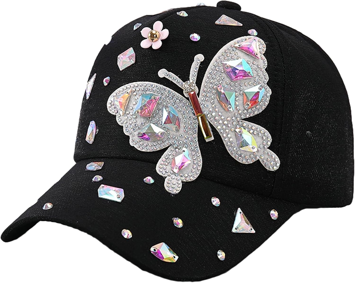 Colorful Rhinestone Baseball Cap Women Bling Butterfly Sequin Sun Protection Duckbill Hat Breathable Cotton