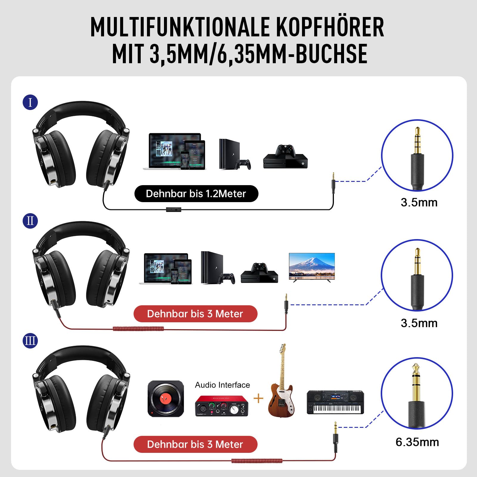 EKSA P100 Kopfhörer mit Kabel, Studio Monitor Kopfhörer mit Stereo-Sound, Hi-Res DJ Kopfhörer 6,35mm & 3,5mm Klinke, Kabelkopfhörer für Computer, Studio, Aufnahme, Mischpult, Gitarre, MP3/4