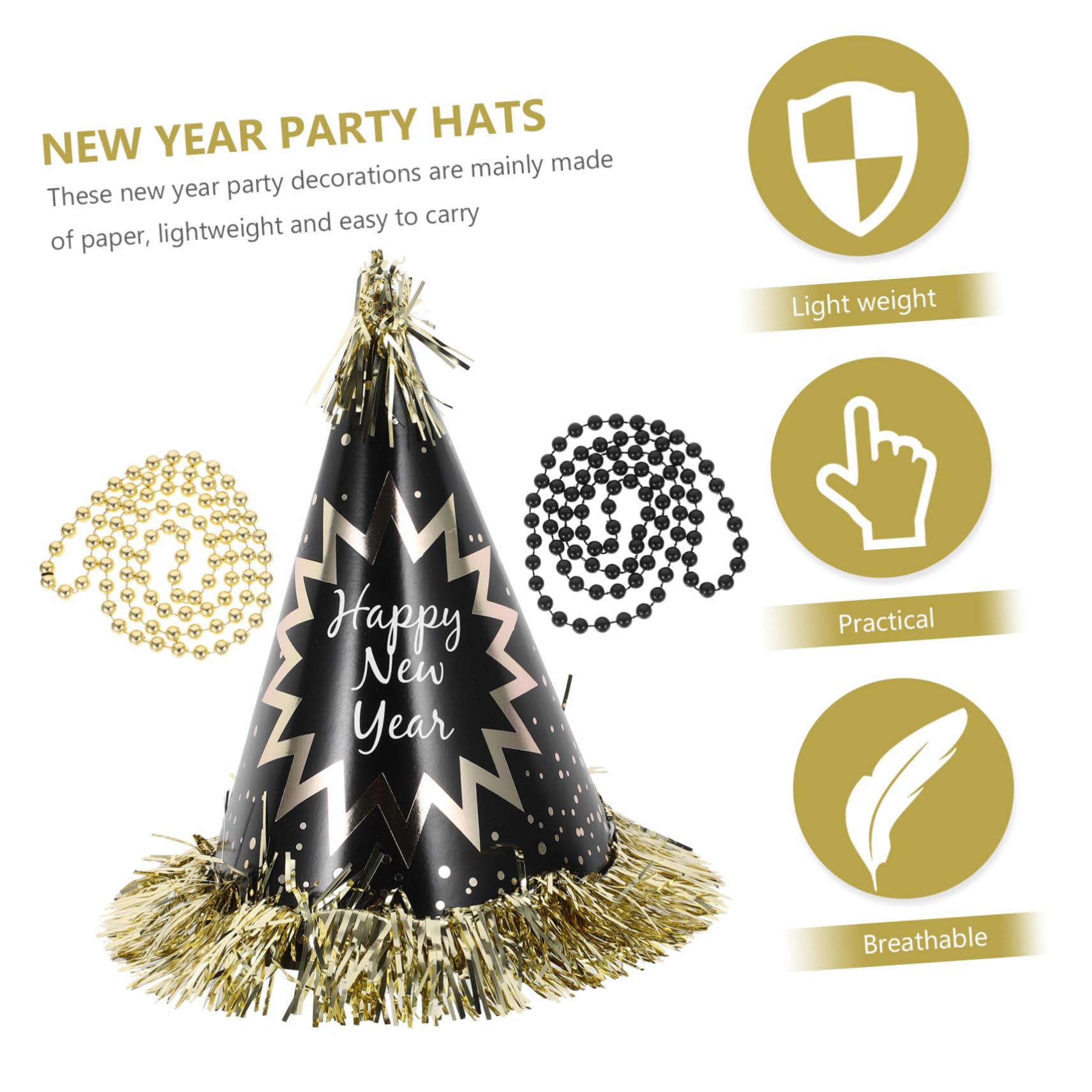Neujahrs-party-deko Set mit Schwarzem und Goldenem Beaded Necklace Papierhut Stirnband und Krachmachern für Silvester Feier Vielseitig Modisch und Komfortabel Festliche Atmosphäre
