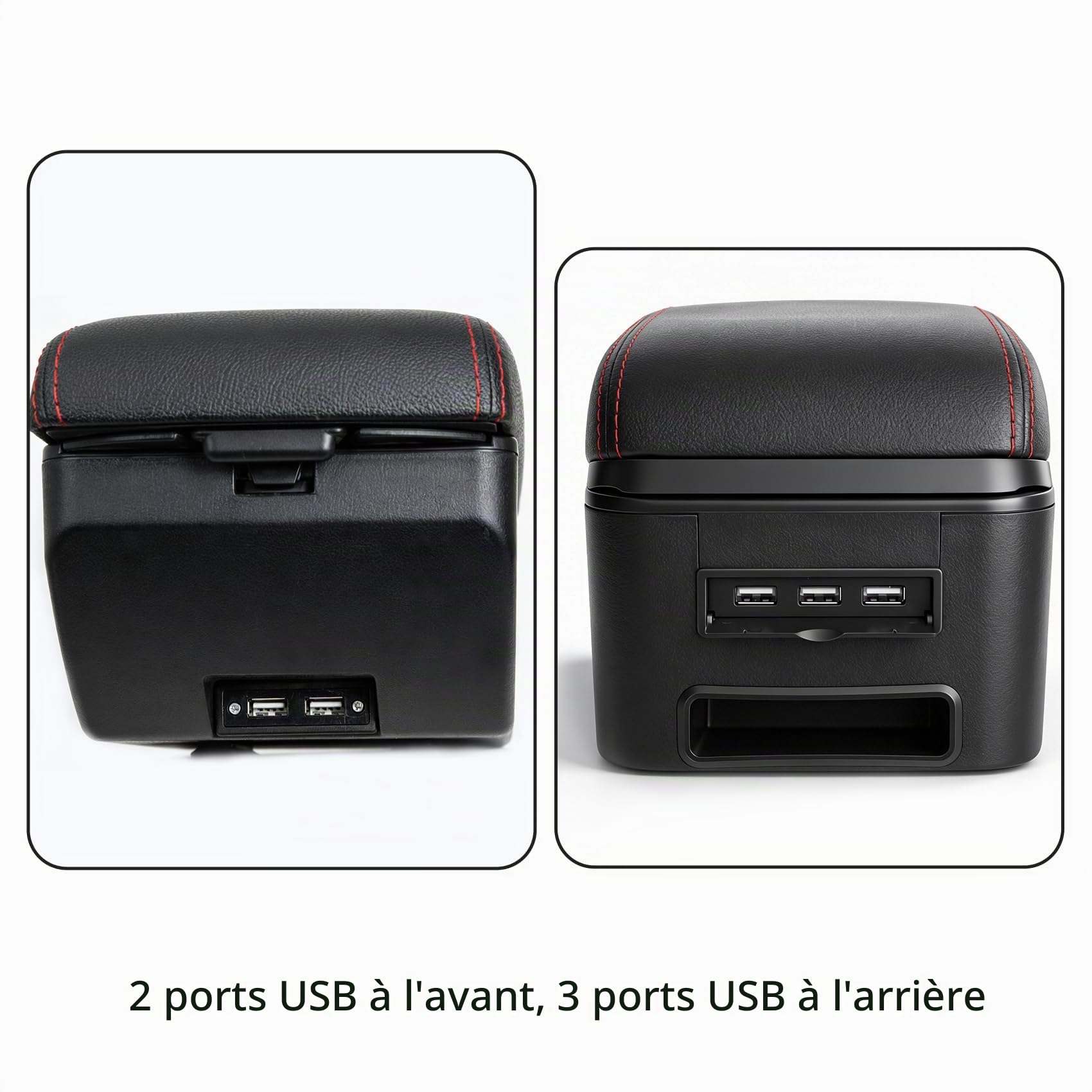 YJYWZH Accoudoir central pour Dacia Logan Sandero 2012–2020 avec 5 USB | 5 ports USB,Accoudoir console centrale,Double rangement,Dessus coulissant,Cuir PU,Accessoire voiture intérieur,Noir-rouges