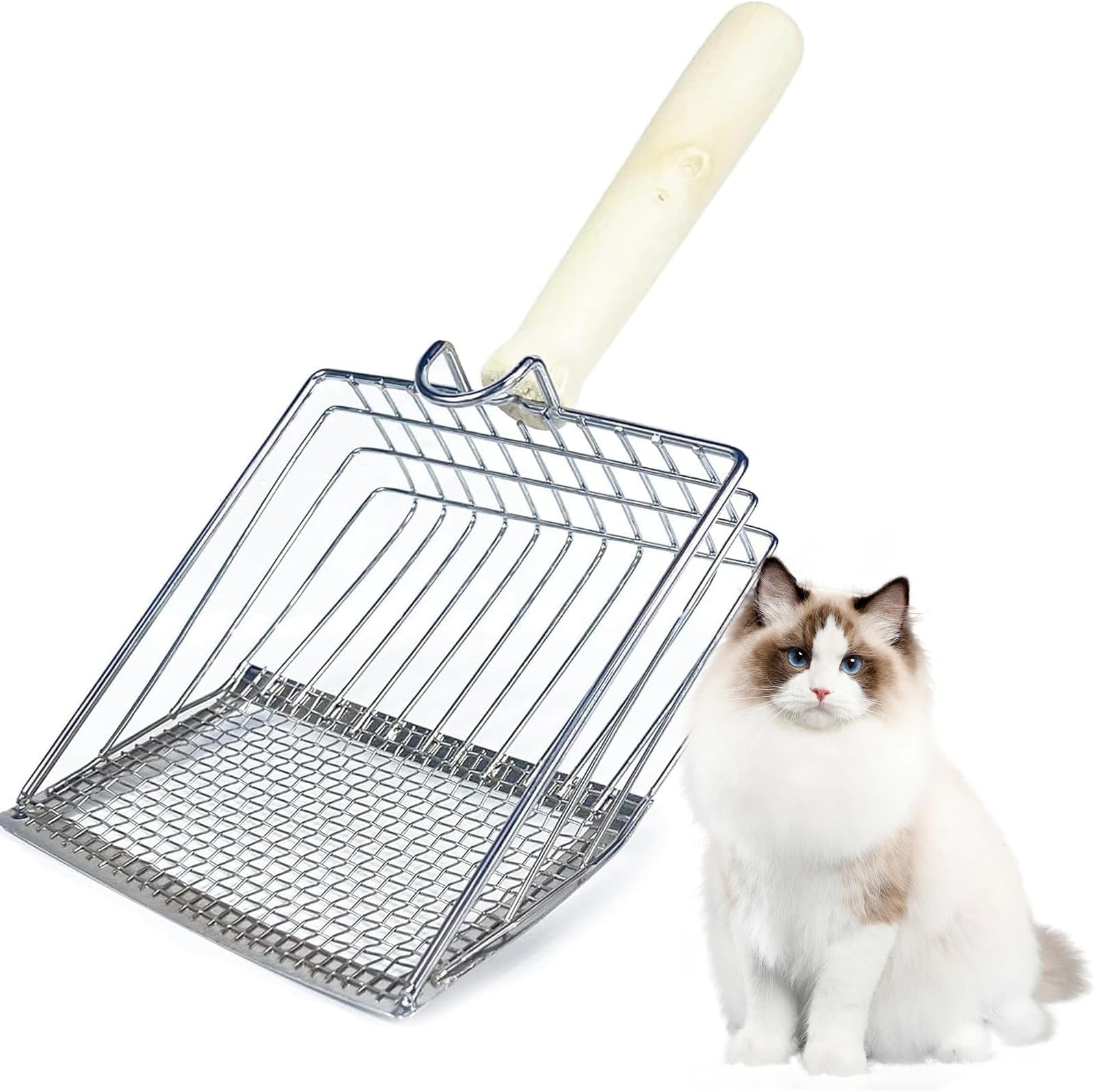 JUXINE Metal Cat Litter Scoop,Cat Litter Scoop,Wooden Handle Aluminum Cat Litter Shovel,Fecal Screening,Can Clean Small and Large Cat Litter,Easy to Place, Suitable for Cat Litter Pots