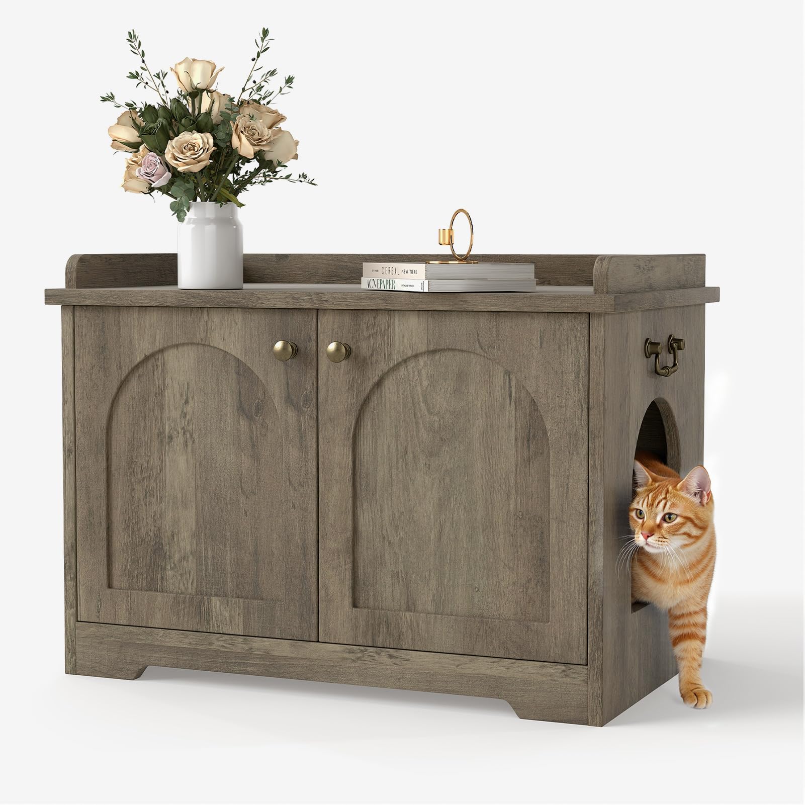 ACAGALA Cat Litter Box Enclosure Furniture with Scratching Pad, Large Hidden Litter Box Furniture, Wooden Cat Washroom Pet House, Light Ivory