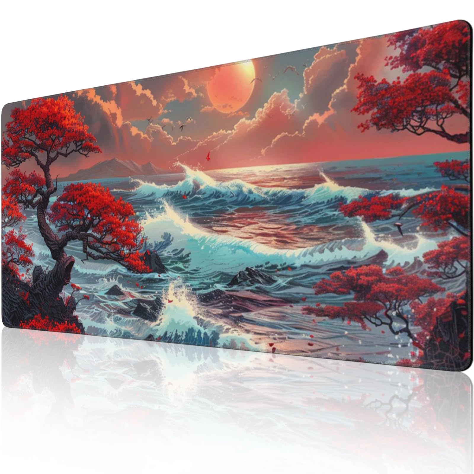Alfombrilla de escritorio japonesa, 48 x 24 pulgadas, alfombrilla de mouse grande extendida con ondas marinas, tamaño XXXL, alfombrilla de mouse para juegos con base antideslizante de 3 mm y