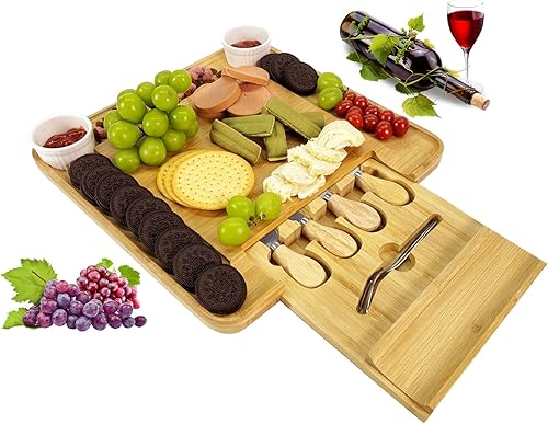 Juego de regalo de tabla de barbacoa, tabla de barbacoa de bambú, tabla de cortar queso con juego de herramientas, tabla de barbacoa, juego de