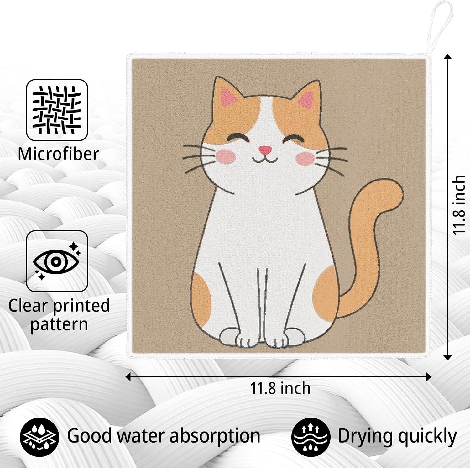 Kitchen Dish Cloths,4-Pack Reusable Soft Dishcloths with Hanging Loop,11.8×11.8in Kitchen Towels,Microfiber Hand Towels,Home Decoration,for Housewarming Gifts-Cute Cat image 2