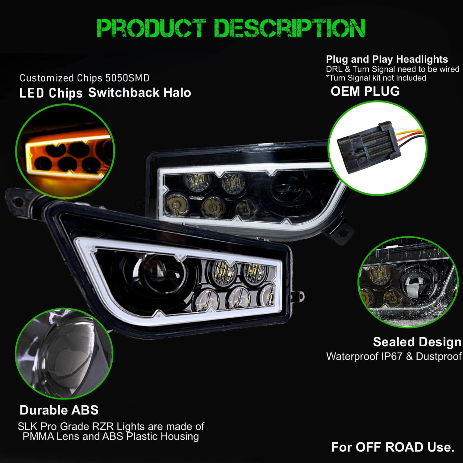 SLK-Lights BLACK Razor RZR LED Halo Headlight Turn signal compatible with Polaris General, RZR 900s, razor 1000 XP Turbo (Fits: 2015-2021) (Dual Color SwitchBack Halo White/Amber)