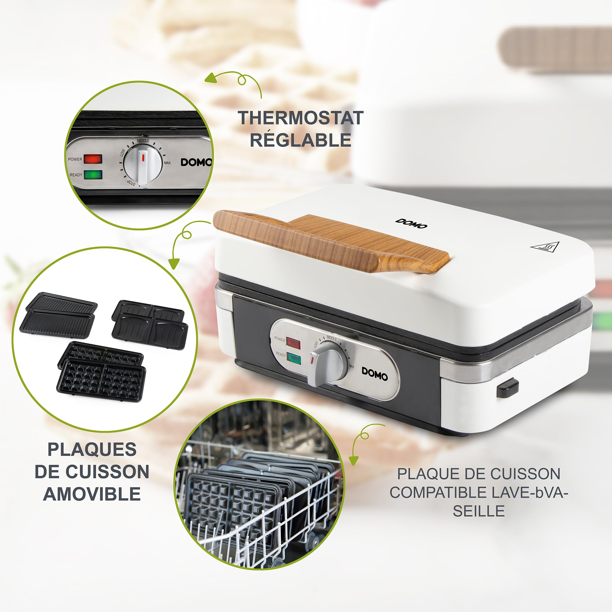 DOMO DO9277C Snackmaker 3 en 1 - Design de luxe en bois - PFAS FREE - Croque-Monsieur, Gaufrier et Gril - Pieds Anti dérapants - Plaques de cuisson interchangeables - 1100W - Blanc Poudré