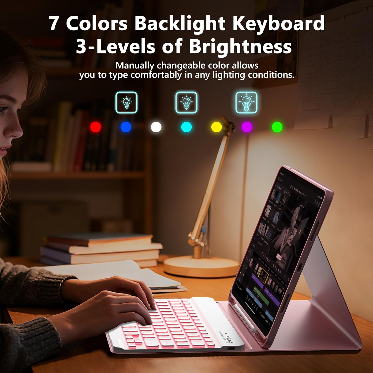 BQSS for iPad Air 13 Inch Case Keyboard (M4/M3/M2, 2026/2025/2024) & iPad Pro 12.9 inch (6th/5th/4th/3rd Gen), 7 Colors Backlit Wireless Detachable Folio Keyboard Cover with Pencil Holder (Light Pink)