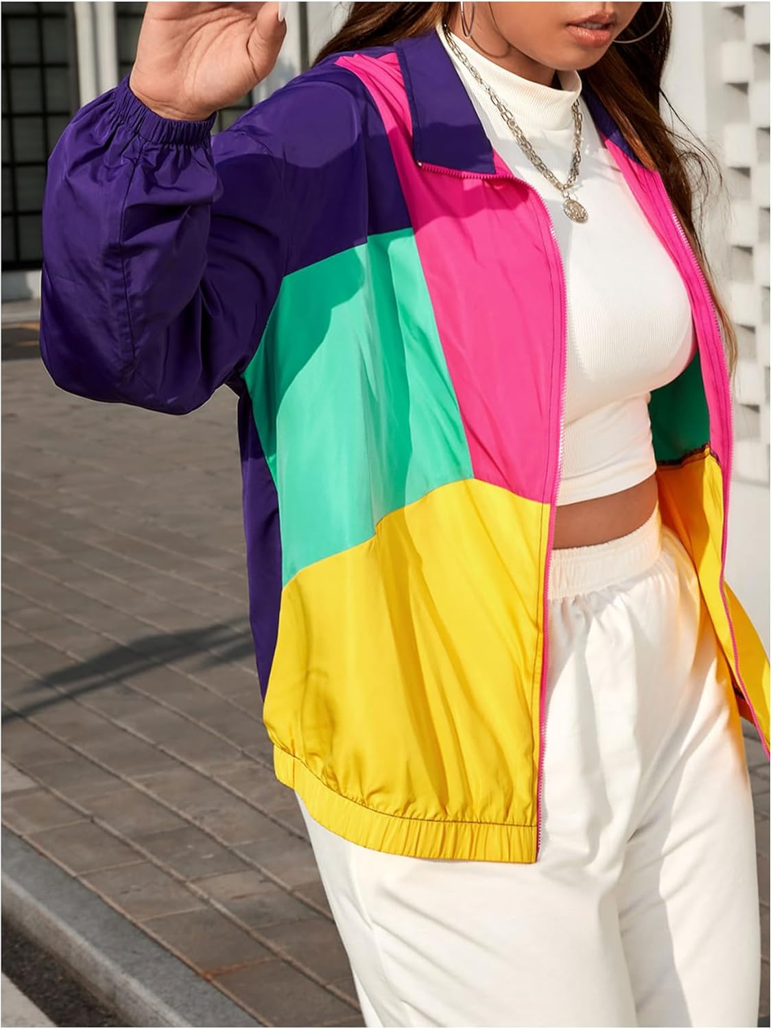 OYOANGLE Women's Plus Size Zip Up Casual Lightweight Color Block Bomber Jacket Patchwork Sporty Windbreaker Jacket - Image 5
